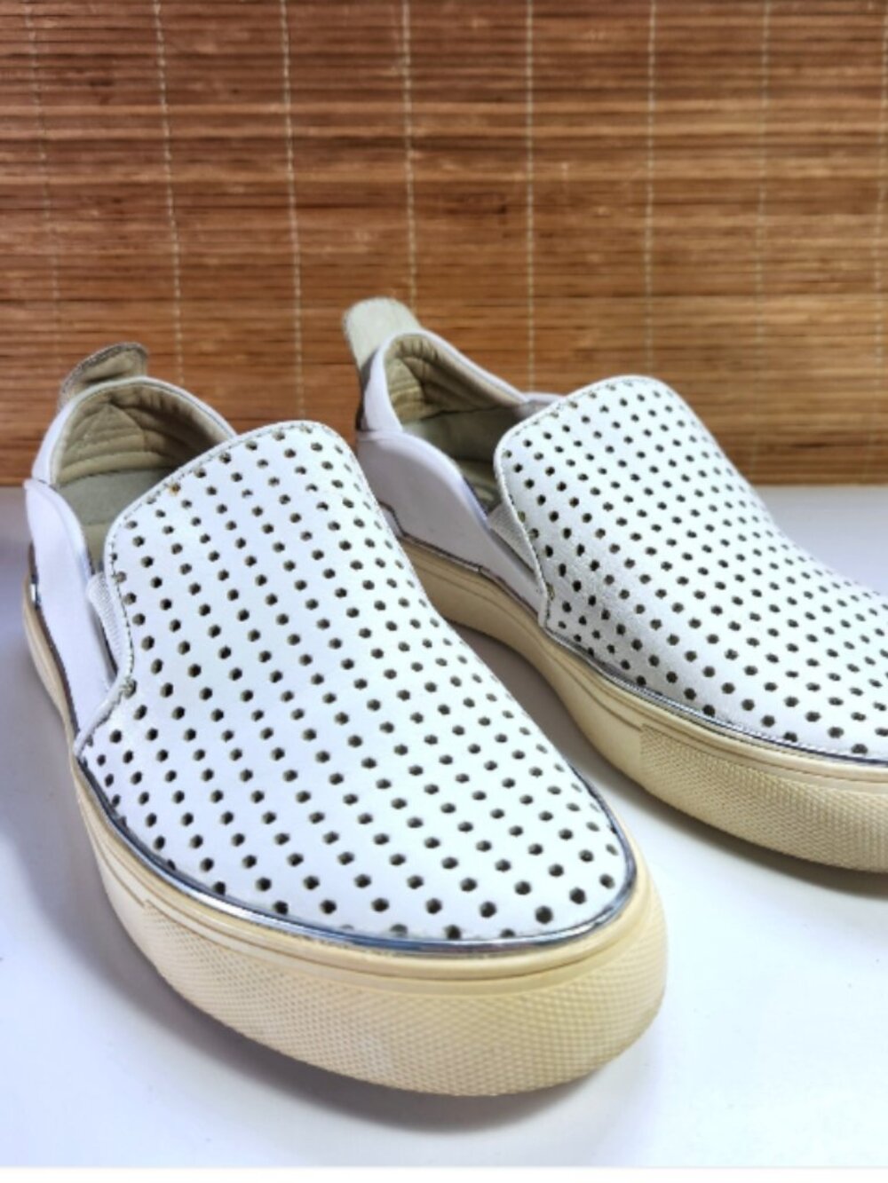 White Perforated Leather Slip On Shoes Womens 9.5 Mens 8 Loafer Sneaker Flat